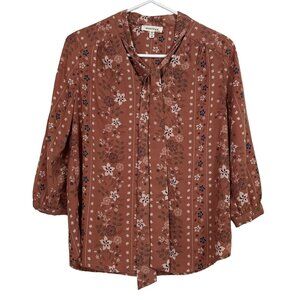 Monteau Brown Floral Blouse Bow Tie Neck 3/4 Sleeves Dress Shirt Top Medium